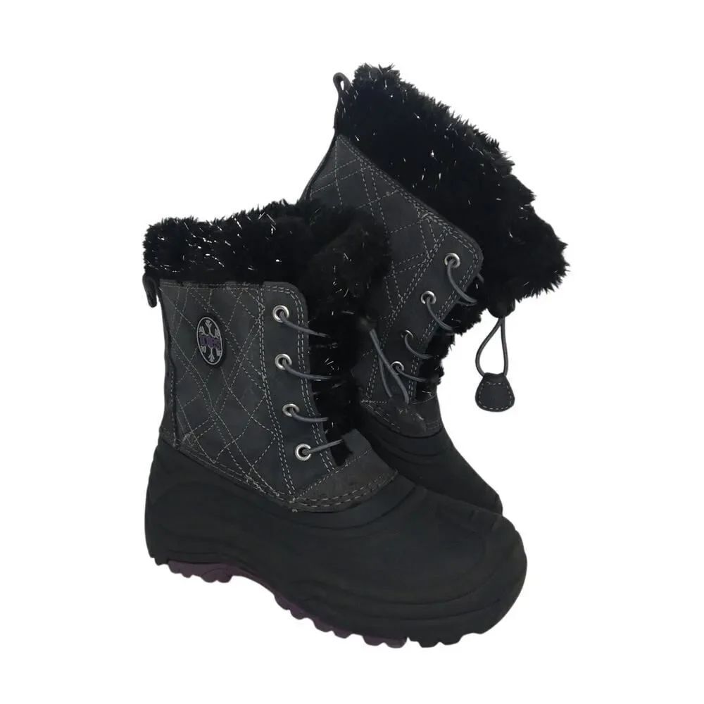 Totes Girls Pre-owned Black/Gray Waterproof Faux Fur Lined Winter Boots - sz. 4